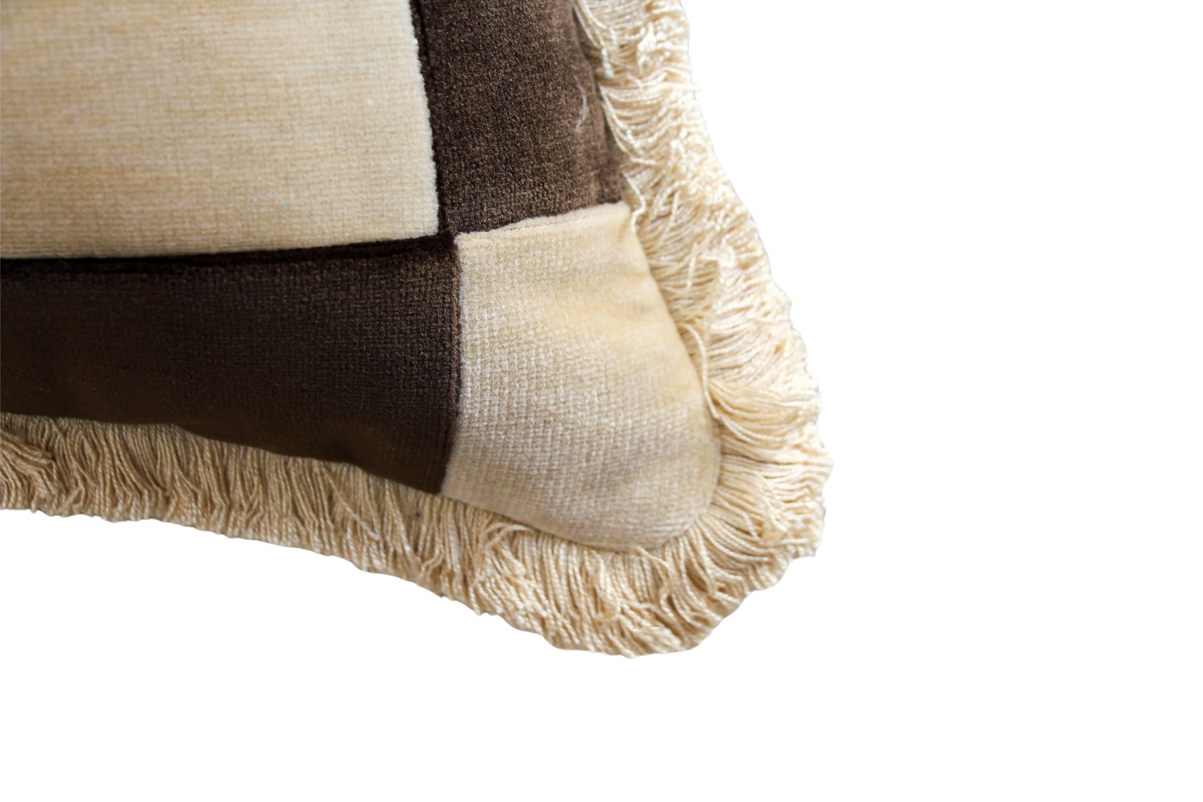 Beige Cream and Dark Brown Patchwork Velvet with White Fringe - Image 3