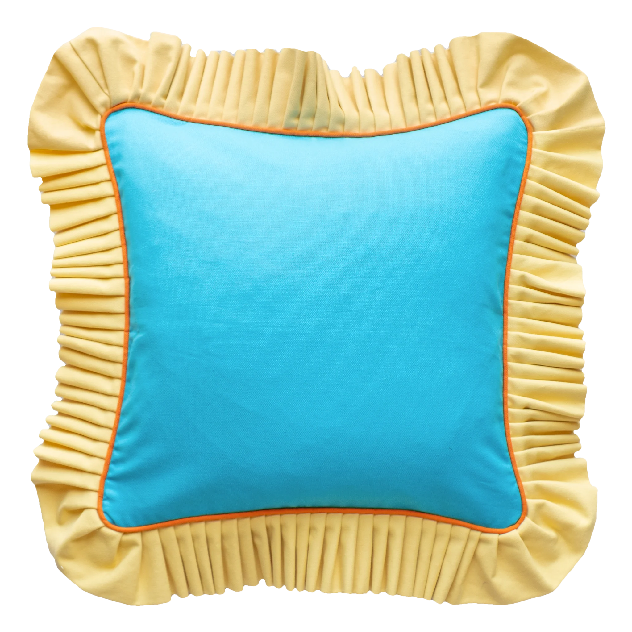 Ruffle with piping: Blue dodger w/ Sandy yellow Ruffle and Orange piping