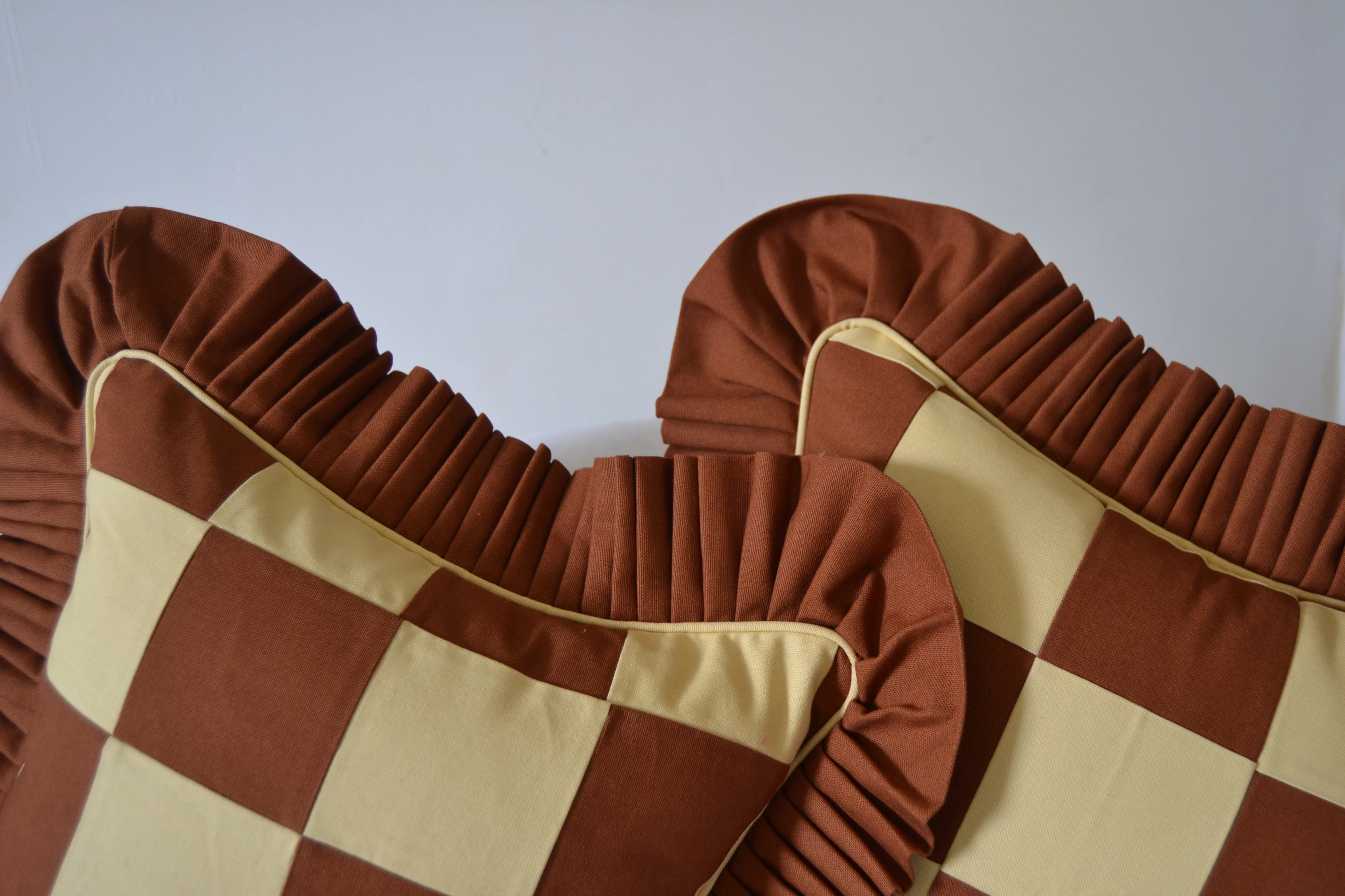Patchwork w/ Ruffle and piping: Bright Brown with Sandy yellow Ruffle and piping - Image 4