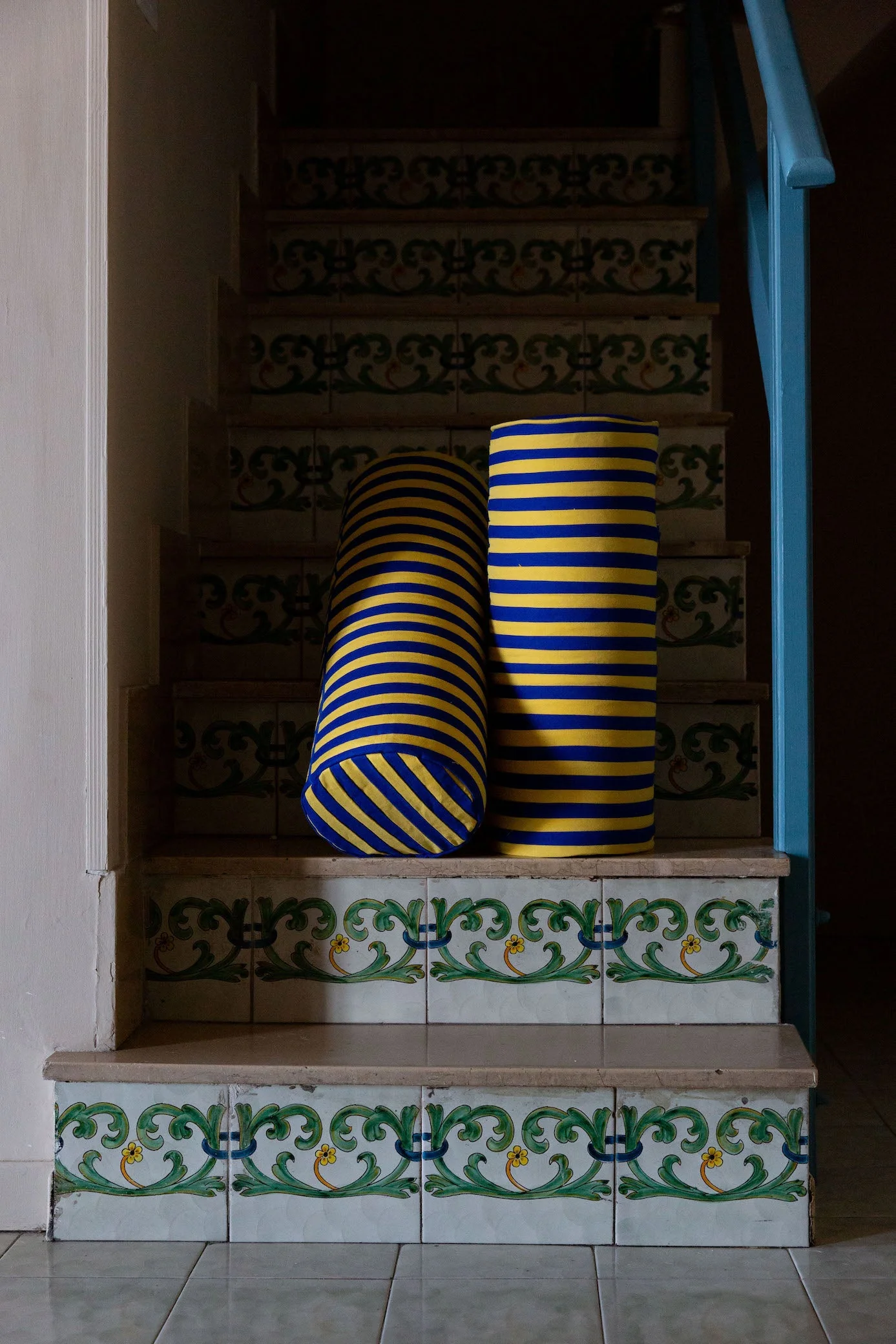 Sandy Yellow and River Blue Striped Bolster w/ Blue Ends - Image 3