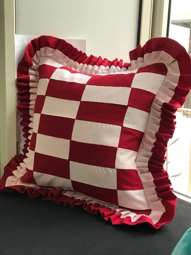 Patchwork Rectangular red and dust pink with red X dust pink ruffle