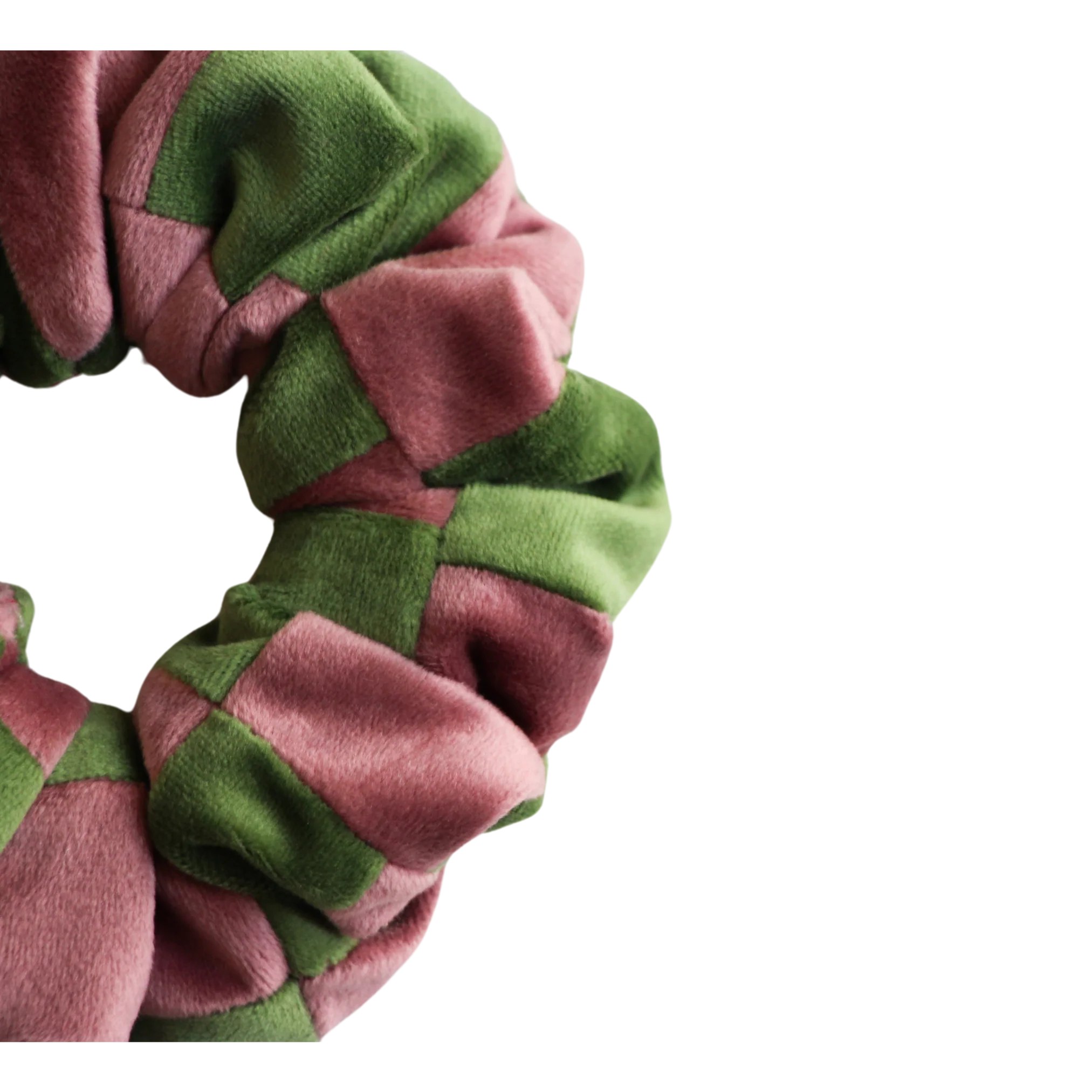 Light Green and Pink Velvet Patchwork Scrunchie - Image 3