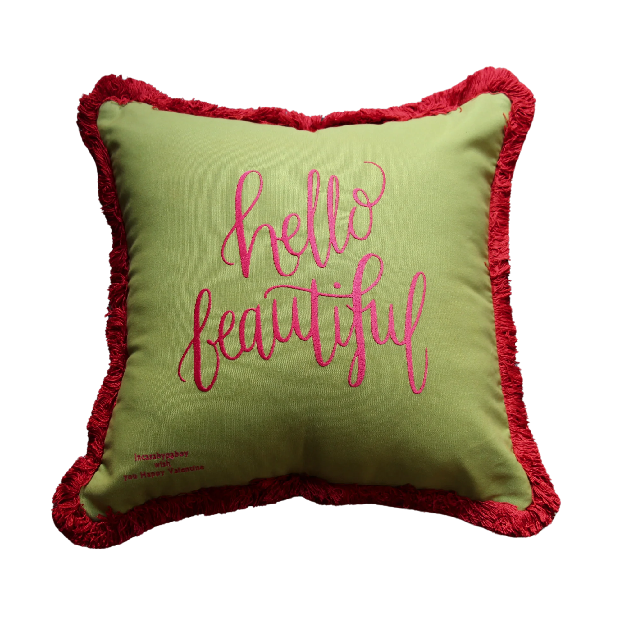 Light Green and Red Valentine Embroidery with Red Fringe