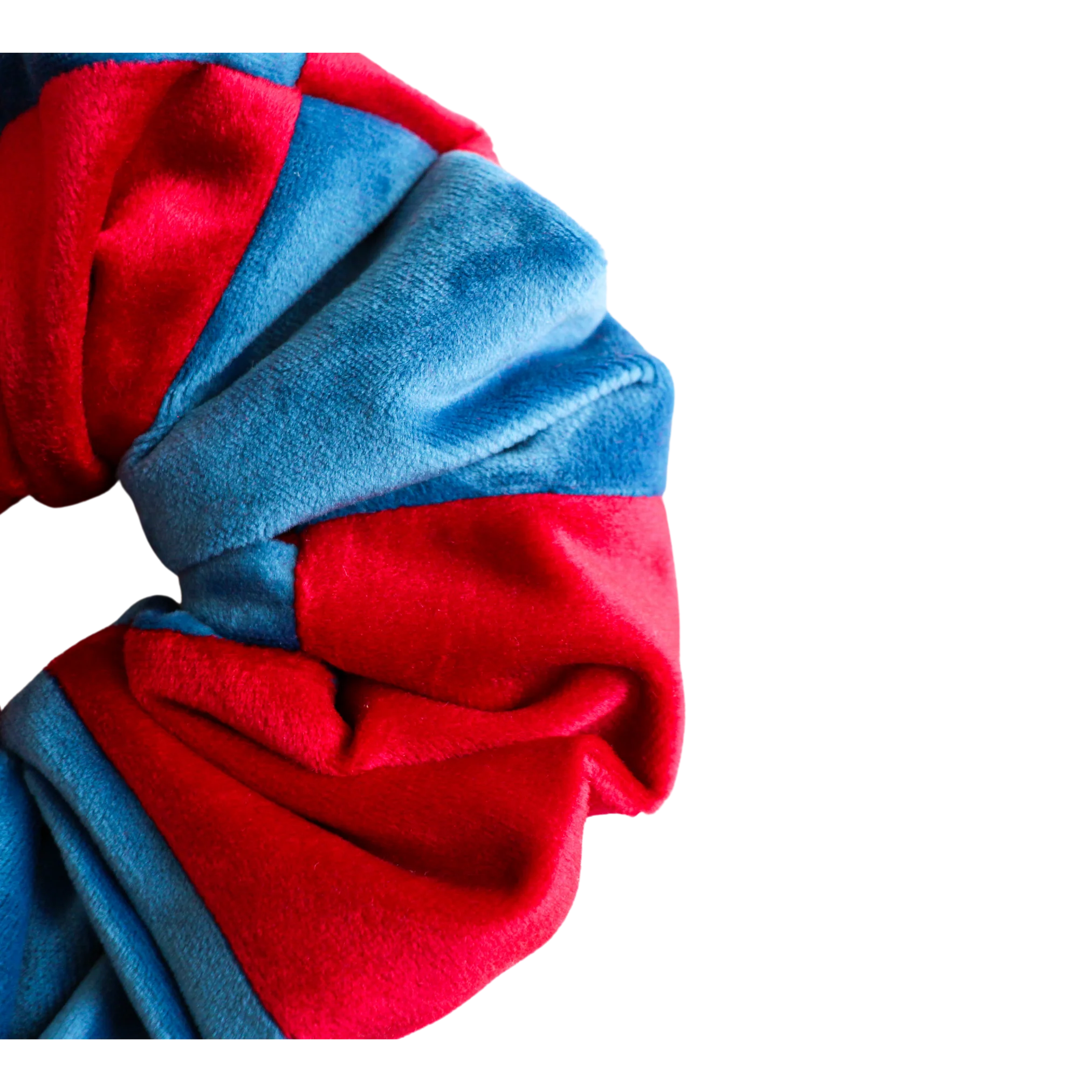 River Blue and Red Patchwork Velvet Scrunchie - Image 3